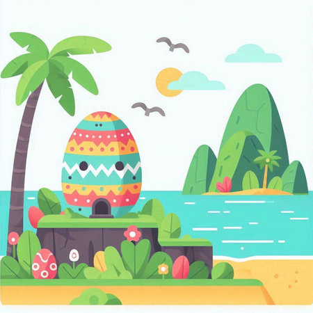 Easter egg on the beach with palm trees. Vector illustration.のイラスト素材
