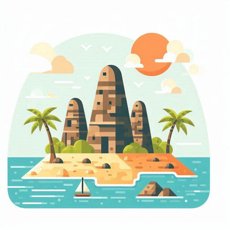 Egypt pyramids on the island. Vector illustration in flat style.のイラスト素材