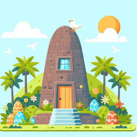 Vector illustration of a cartoon house with a bird and eggs in the gardenのイラスト素材
