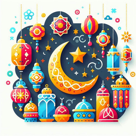 Ramadan Kareem greeting card with crescent moon and lanternsのイラスト素材
