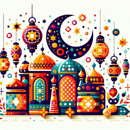 Ramadan Kareem greeting card with mosque, crescent and starsのイラスト素材