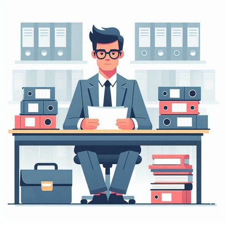 Businessman sitting at the desk in office and working with documents. Flat style vector illustration.のイラスト素材