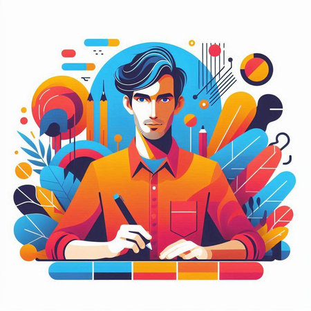 Vector illustration of a young man building a wall with a pencil.のイラスト素材