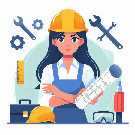 Female engineer or architect in helmet with tools. Vector illustration in cartoon styleのイラスト素材
