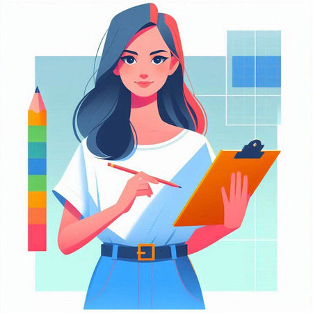 Beautiful girl in school uniform with pencils. Vector illustration.のイラスト素材