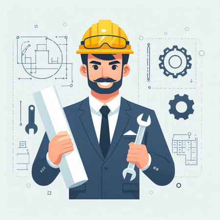 Engineer man with wrench and blueprint. Vector illustration in flat styleのイラスト素材