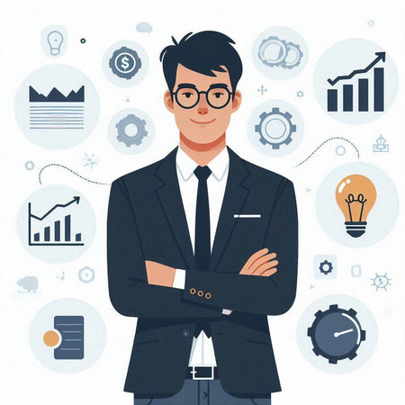 Businessman in a suit and glasses on a white background. Vector illustration.のイラスト素材