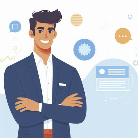 Smiling businessman with crossed arms. Vector illustration in flat style.のイラスト素材