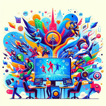 Vector illustration of people playing video games on computers. Colorful backgroundのイラスト素材