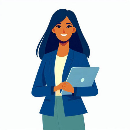 Vector illustration of a young business woman with a laptop in her handsのイラスト素材