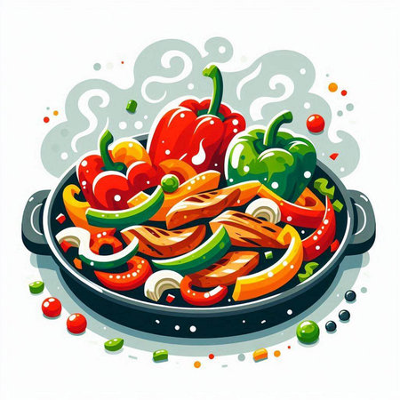 Frying pan with meat, vegetables and spices. Vector illustration.のイラスト素材