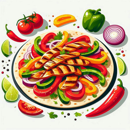 Mexican tacos with grilled chicken, vegetables and sauce. Vector illustration.のイラスト素材