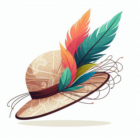 Illustration of a hat decorated with feathers on a white background.のイラスト素材