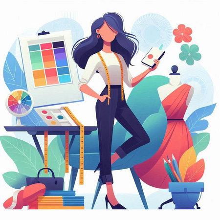 Fashion designer woman working at her workplace. Vector illustration in cartoon styleのイラスト素材