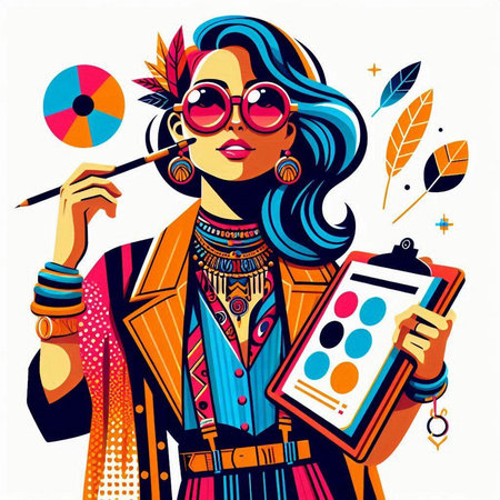 Vector illustration of beautiful hippie girl with makeup palette and brushes in handのイラスト素材