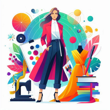 Fashion designer woman working at her office. Vector illustration in flat styleのイラスト素材
