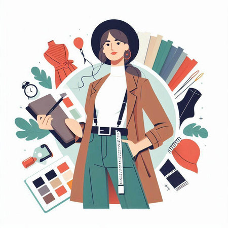 Vector illustration of fashion designer woman with set of tools and accessories.のイラスト素材
