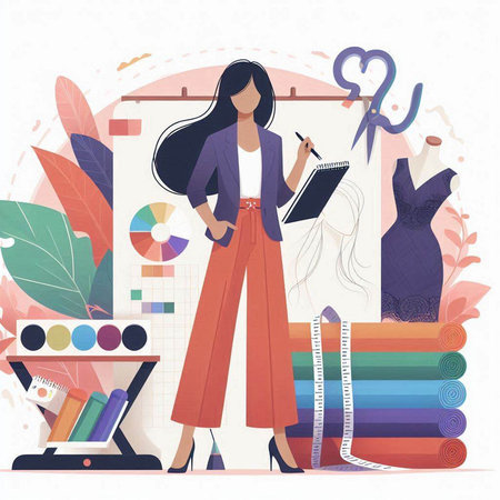 Fashion designer woman working in studio. Vector illustration in flat styleのイラスト素材