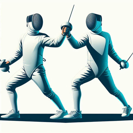 Fencing. Two men in fencing costume with swords. 3d illustrationのイラスト素材