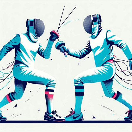 Fencing players in action vector illustration. Sport background with fencing elements.のイラスト素材