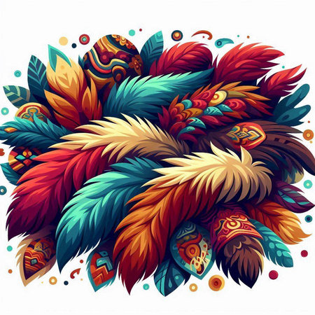 Colorful feathers with ethnic ornament on white background. Vector illustration.のイラスト素材