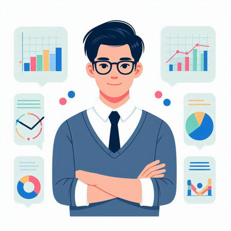 Businessman in glasses standing with crossed arms. Male character in business suit. Vector illustration in flat styleのイラスト素材