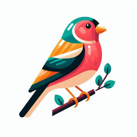 Vector illustration of a bullfinch on a branch with leaves.のイラスト素材