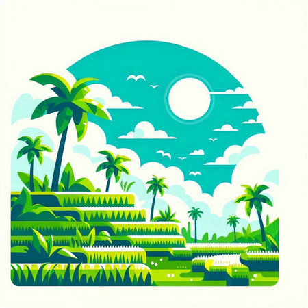 Tropical island with palm trees and sun. Vector illustration.のイラスト素材