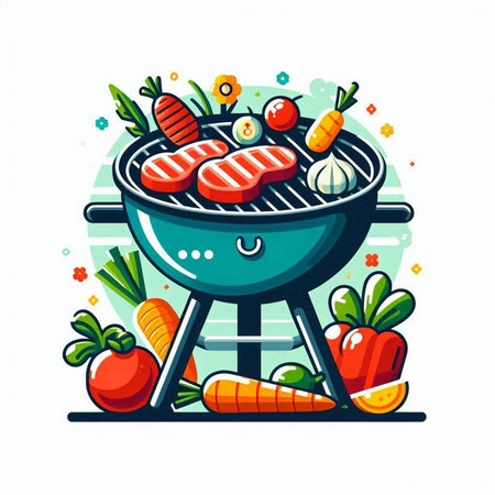 Barbecue grill with grilled meat and vegetables. Vector illustration in cartoon style.のイラスト素材