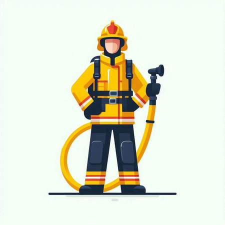 Firefighter in uniform with fire hose. Flat style vector illustration.のイラスト素材