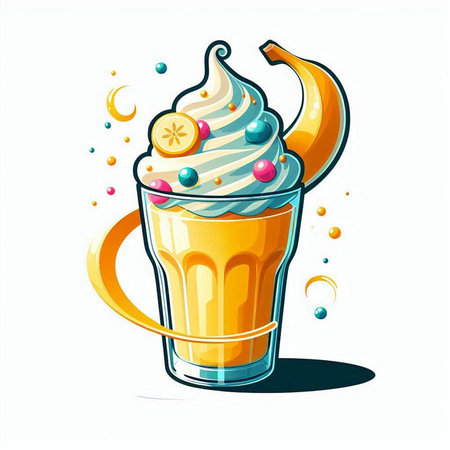 Vector illustration of a glass of milkshake with whipped cream and fruitsのイラスト素材
