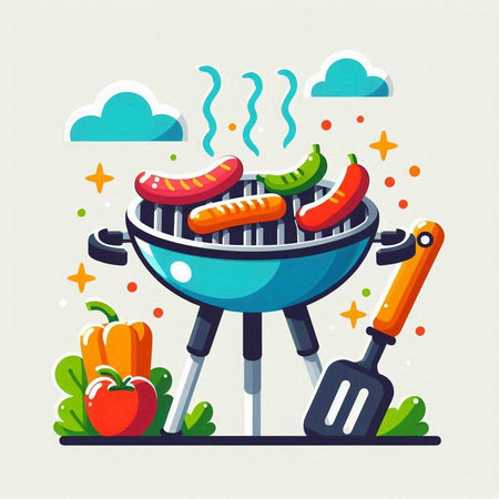 Barbecue with grilled sausages and vegetables. Vector illustration.のイラスト素材