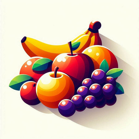 Fruit background with banana, apple, grape and orange. Vector illustration.のイラスト素材