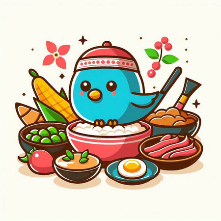Cute kawaii penguin with rice bowl and vegetables. Vector illustration.のイラスト素材