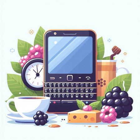 Smartphone with coffee cup, cheese, blackberry and honey. Vector illustration.のイラスト素材
