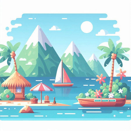 Tropical island with palm trees and bungalows. Vector illustrationのイラスト素材