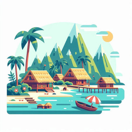 Bungalows on the beach. Vector illustration in a flat styleのイラスト素材