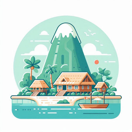 Flat design vector illustration of a tropical island with palm trees and bungalowsのイラスト素材