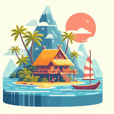 Tropical island with bungalows. Vector illustration in retro styleのイラスト素材