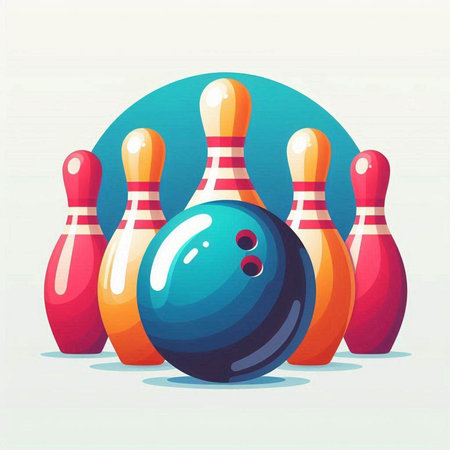 Bowling ball and skittles on blue background. Vector illustration.のイラスト素材