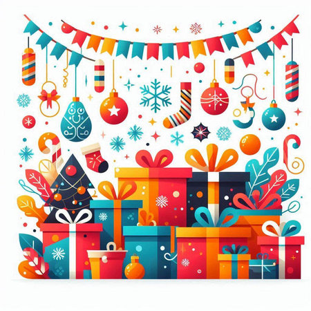 Colorful Christmas and New Year greeting card with gift boxes, garland and decorations. Vector illustration.のイラスト素材