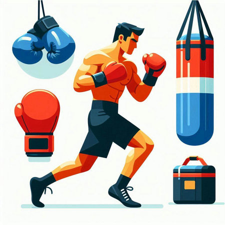 Boxing man vector illustration. Boxer with gloves, punching bag and bag.のイラスト素材