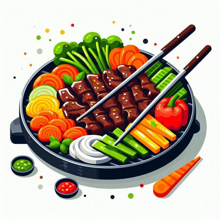 Sliced beef in a pan with vegetables. Vector illustration.のイラスト素材