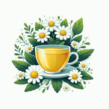Cup of tea with camomile flowers and green leaves. Vector illustration.のイラスト素材