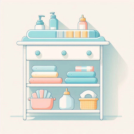 Bathroom interior. Bathroom shelves with towels, soap and shampoo bottles. Vector illustration in flat styleのイラスト素材