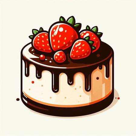 Illustration of a chocolate cake with strawberries on a white background.のイラスト素材