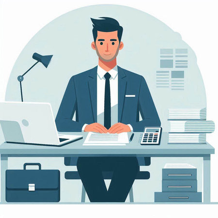 Businessman working in office. Vector illustration in flat cartoon style.のイラスト素材