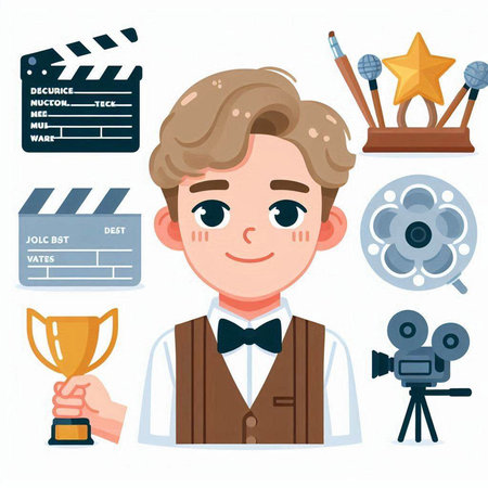 Cute cartoon boy with movie clapperboard. Vector illustration in flat styleのイラスト素材