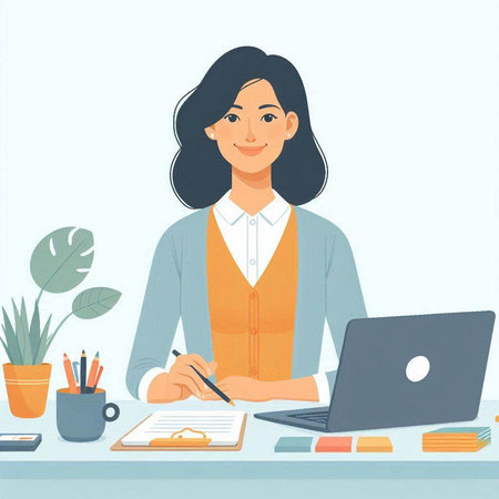 Young businesswoman working at her desk in office. Vector illustration.のイラスト素材