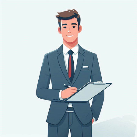 Businessman with clipboard. Vector illustration in cartoon style. Businessman in a suit.のイラスト素材